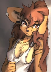Size: 1275x1803 | Tagged: suggestive, artist:tinygaypirate, oc, oc:apogee (tinygaypirate), canine, dog, mammal, anthro, big breasts, braless, breasts, cleavage, female, looking at you, nipple slip, shirt pull, solo, solo female, wardrobe malfunction