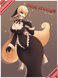 Size: 1788x2400 | Tagged: safe, artist:r-mk, oc, oc only, oc:julika flocke, canine, fox, mammal, anthro, 2016, black nose, breasts, clothes, digital art, dress, eyelashes, eyes closed, female, floppy ears, fur, gift art, hair, open mouth, solo, solo female, tail, vixen, wide hips