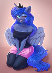 Size: 2480x3508 | Tagged: safe, artist:dandy, princess luna (mlp), alicorn, equine, fictional species, mammal, pony, anthro, friendship is magic, hasbro, my little pony, 2022, adorasexy, anthrofied, arm boob squeeze, bare shoulders, big breasts, blue body, blue eyes, blue fur, blushing, bottomwear, breast squish, breasts, cleavage, clothes, crown, cute, ear fluff, eyelashes, eyeshadow, feathered wings, feathers, female, fluff, fur, hair, headwear, heart, heart eyes, high res, horn, jewelry, kneeling, legwear, long hair, looking at you, love heart, makeup, off shoulder, one eye closed, redraw, regalia, sexy, sitting, skirt, smiling, smiling at you, solo, solo female, stockings, strapless, tail, thigh highs, thighs, tube top, wingding eyes, wings, winking
