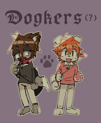 Size: 1676x2048 | Tagged: safe, artist:竹间巷, j.j. rocker (rhythm heaven), canine, dog, mammal, anthro, nintendo, rhythm heaven, 2021, bottomwear, clothes, collar, dogified, duo, duo male, ear piercing, earring, electric guitar, fangs, guitar, male, males only, musical instrument, open mouth, paw pads, paws, piercing, pun, purple background, question mark, sharp teeth, simple background, species swap, spiked collar, tail, teeth, text, tongue, topwear, visual pun