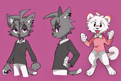 Size: 1114x750 | Tagged: safe, artist:竹间巷, j.j. rocker (rhythm heaven), canine, cat, dog, feline, mammal, anthro, digitigrade anthro, nintendo, rhythm heaven, 2021, bottomwear, catified, clothes, dogified, duo, duo male, ear piercing, earring, emo, male, males only, open mouth, paw pads, paws, piercing, pink background, simple background, species swap, tail, tongue, topwear