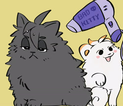 Size: 2048x1753 | Tagged: safe, artist:竹间巷, j.j. rocker (rhythm heaven), canine, cat, dog, feline, mammal, feral, nintendo, rhythm heaven, 2021, blower, catified, dogified, duo, duo male, fluff, lidded eyes, male, males only, open mouth, raised paw, simple background, species swap, tail, tongue, unamused, yellow background