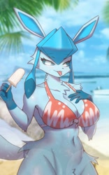 Size: 1331x2127 | Tagged: suggestive, artist:tp10, eeveelution, fictional species, glaceon, mammal, anthro, nintendo, pokémon, 2022, beach, bedroom eyes, belly button, bikini, bikini top, black nose, blep, bottomwear, breasts, chest fluff, clothes, detailed background, digital art, ears, eyelashes, female, fluff, food, fur, hair, looking at you, ocean, popsicle, sand, solo, solo female, swimsuit, tail, thighs, tongue, tongue out, water, wide hips