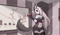 Size: 1840x1080 | Tagged: safe, artist:tp10, loona (vivzmind), canine, fictional species, hellhound, mammal, anthro, hazbin hotel, helluva boss, 2021, arm under breasts, bedroom eyes, belly button, black nose, bottomwear, breasts, clothes, collar, colored sclera, crop top, detailed background, digital art, ears, evening gloves, eyelashes, female, fingerless gloves, fur, gloves, hair, hell, legwear, long gloves, red sclera, shorts, solo, solo female, spiked collar, stockings, tail, tank top, thighs, topwear, wide hips