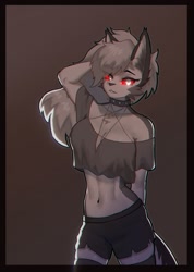 Size: 1239x1738 | Tagged: safe, artist:tp10, loona (vivzmind), canine, fictional species, hellhound, mammal, anthro, hazbin hotel, helluva boss, 2022, arm under breasts, bedroom eyes, belly button, black nose, bottomwear, breasts, clothes, collar, colored sclera, crop top, cropped shirt, digital art, ears, evening gloves, eyelashes, female, fingerless gloves, fur, gloves, hair, legwear, long gloves, midriff, red sclera, shorts, solo, solo female, spiked collar, stockings, tail, tank top, thighs, topwear, wide hips