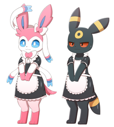 Size: 1780x1974 | Tagged: safe, artist:sum, eeveelution, fictional species, mammal, sylveon, umbreon, anthro, nintendo, pokémon, 2022, bedroom eyes, black nose, blue sclera, clothes, colored sclera, crossdressing, digital art, duo, duo male and female, ears, female, fur, maid outfit, male, paws, red sclera, ribbons (body part), tail, unamused
