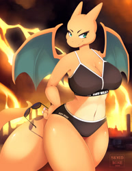 Size: 989x1280 | Tagged: safe, alternate version, artist:skwidbone, oc, oc only, charizard, fictional species, anthro, nintendo, pokémon, 2022, bedroom eyes, belly button, big breasts, breasts, clothes, detailed background, digital art, eyelashes, female, fire, glasses, horns, scales, solo, solo female, sports bra, sports panties, spread wings, starter pokémon, sunglasses, tail, thighs, topwear, wide hips, wings