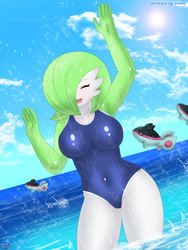 Size: 965x1280 | Tagged: safe, artist:shinn, fictional species, finneon, fish, gardevoir, anthro, feral, nintendo, pokémon, 2021, beach, breasts, clothes, detailed background, digital art, eyelashes, eyes closed, hair, ocean, one eye closed, one-piece swimsuit, open mouth, skinny dipping, swimsuit, thighs, tongue, water, wide hips