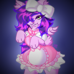 Size: 3000x3000 | Tagged: safe, artist:umbrapone, oc, oc:sabey, feline, mammal, saber-toothed cat, anthro, apron, bow, clothes, dress, ear fluff, elbow fluff, female, fluff, frills, frilly, fur, green eyes, hair, hair accessory, hair bow, hair over one eye, long hair, paws, pink body, pink dress, pink fur, pink nose, ruffles, sabertooth (anatomy), short tail, smiling, soft, tail, tail fluff, teeth, wings