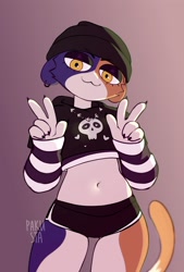 Size: 1686x2500 | Tagged: safe, artist:pakusta, meow skulls (fortnite), calico, cat, feline, mammal, anthro, epic games, fortnite, 2022, :3, artist name, beanie, belly button, black claws, black clothing, black eyeshadow, blue body, blue fur, bone, boy shorts, bust, cel shading, claws, clothes, crop top, cropped shirt, double v sign, ear piercing, eyeshadow, female, fur, gesture, gradient background, half closed eyes, hat, headgear, headwear, heart, heart eyes, high res, hoodie, jewelry, long sleeves, looking at you, makeup, midriff, mottled, multicolored body, multicolored fur, narrowed eyes, necklace, orange body, orange fur, piebald, piercing, portrait, print clothing, print topwear, shaded, shirt, simple background, skull, skull print, smiling, solo, solo female, striped sleeves, three-quarter portrait, topwear, underwear, v sign, video game, white body, white fur, wingding eyes, yellow eyes