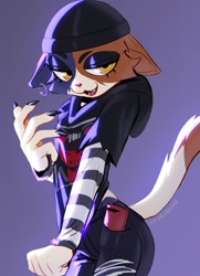 Size: 1080x1491 | Tagged: safe, artist:seek_none, meow skulls (fortnite), calico, cat, feline, mammal, anthro, fortnite, 2022, beanie, bedroom eyes, black claws, bottomwear, bust, cel shading, cell phone, claws, clothes, colored nails, denim, denim clothing, ear piercing, ears, ears down, eyeshadow, fangs, female, finger claws, fist, flat chest, front view, fur, hat, headgear, headwear, high res, hoodie, jeans, lighting, long sleeves, looking at you, makeup, mottled, multicolored body, multicolored fur, nails, narrowed eyes, open mouth, open smile, pants, phone, piercing, pinup, pivoted ears, portrait, pose, purple background, raised tail, ripped jeans, ripped pants, seductive, shaded, simple background, smartphone, smiling, solo, solo female, striped clothes, striped sleeves, stripes, tail, teeth, three-quarter portrait, three-quarter view, tomboy, topwear, torn clothes, yellow eyes