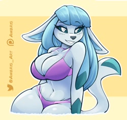 Size: 2850x2700 | Tagged: safe, artist:ambris, oc, oc only, oc:frida (ambris), eeveelution, fictional species, glaceon, mammal, anthro, nintendo, pokémon, 2022, big breasts, blue hair, breasts, clothes, ears, female, hair, looking at you, smiling, smiling at you, solo, solo female, tail, thick thighs, thighs