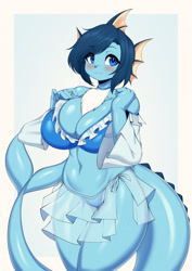 Size: 905x1280 | Tagged: safe, alternate version, artist:tailz_kim, oc, oc only, eeveelution, fictional species, mammal, vaporeon, anthro, nintendo, pokémon, 2022, anthrofied, belly button, big breasts, bikini, black nose, blushing, breasts, cleavage, clothes, commission, digital art, ears, eyelashes, female, fins, fluff, fur, hair, midriff, neck fluff, pose, sarong, see-through, simple background, solo, solo female, swimsuit, tail, thighs, white background, wide hips