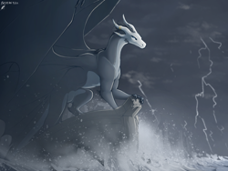 Size: 1280x960 | Tagged: safe, artist:lizet, oc, oc only, oc:alyssa (lizet), dragon, fictional species, reptile, western dragon, feral, 2022, boat, digital art, female, horn ring, horns, lightning, monochrome, outdoors, ring, scales, signature, solo, solo female, tail, water, wings