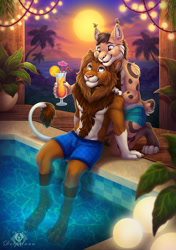 Size: 705x1000 | Tagged: safe, artist:dolphiana, oc, oc only, oc:luxen (luxenkitty), oc:mafundi, big cat, bobcat, feline, lion, lynx, mammal, anthro, 2022, alcohol, amber eyes, brown body, brown fur, brown hair, chest fluff, clothes, cocktail, cocktail garnish, cocktail glass, cocktail umbrella, cream body, cream fur, cyan eyes, digital art, drink, duo, duo male, ear fluff, ears, fluff, fur, gloves (arm marking), hair, holiday, kneeling, lights, male, male/male, males only, palm tree, partial nudity, paws, plant, pool, short tail, sitting, socks (leg marking), sun, sunset, swim trunks, swimsuit, tail, tail tuft, topless, tree, water