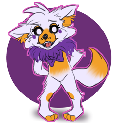 Size: 997x1046 | Tagged: safe, artist:brannahgirl, lolbit (fnaf), animatronic, canine, fictional species, fox, mammal, robot, anthro, five nights at freddy's, 2020, ear fluff, eyelashes, female, floppy ears, fluff, hands behind head, looking at you, neck fluff, paws, simple background, solo, solo female, standing, transparent background, vixen