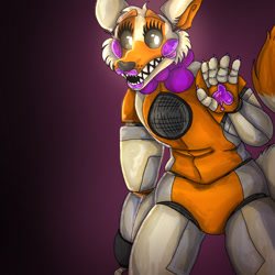 Size: 1280x1280 | Tagged: safe, artist:cathedralss, lolbit (fnaf), animatronic, canine, fictional species, fox, mammal, robot, five nights at freddy's, 2022, bow, bow tie, cheek fluff, clothes, eyelashes, female, fluff, glowing, glowing eyes, gradient background, looking at you, open mouth, sharp teeth, solo, solo female, standing, teeth, waving