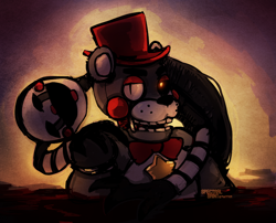 Size: 826x669 | Tagged: safe, artist:solsinning, the puppet (fnaf), animatronic, bear, fictional species, mammal, robot, five nights at freddy's, 2017, abstract background, bow, bow tie, clothes, duo, duo male, hat, headwear, holding, holding character, lefty (fnaf), looking at you, male, male/male, males only, puppefty (fnaf)