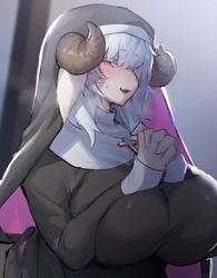 Size: 1598x2048 | Tagged: safe, artist:suurin_2, bovid, goat, mammal, anthro, blushing, breasts, female, horns, huge breasts, nun, nun's habit, solo, solo female