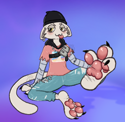 Size: 2100x2050 | Tagged: safe, artist:onlypaws, cloud nine (fortnite), cat, feline, mammal, anthro, epic games, fortnite, 3 toes, barefoot, beanie, blush lines, blushing, bottomwear, chain, claws, claws out, clothes, costume, denim, denim clothing, droopy eyes, ear piercing, earring, ears, ears down, eyelashes, eyelids, feet, female, fetish, foot fetish, foot focus, foot grab, fur, glistening, glistening eyes, hat, headgear, headwear, high res, hindpaw, hoodie, jeans, jewelry, legs up, long tail, looking at you, necklace, pants, paw pads, paws, piercing, pink clothing, pink pawpads, pink shirt, pink topwear, pivoted ears, presenting, purple background, raised leg, ring piercing, ripped jeans, ripped pants, shirt, simple background, sitting, sketch, skinny, smiling, smug, soles, solo, solo female, sparkling eyes, spread legs, spread toes, spreading, striped sleeves, tail, toe claws, toe curl, toes, tongue, tongue out, topwear, torn bottomwear, torn clothes, torn pants, torn shirt, torn topwear, video game, watermark, white body, white fur, wrinkled feet