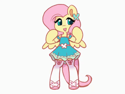 Size: 690x518 | Tagged: safe, artist:oofycolorful, fluttershy (mlp), equine, fictional species, mammal, pegasus, pony, semi-anthro, friendship is magic, hasbro, my little pony, 2022, 2d, 2d animation, animated, bipedal, bottomwear, clothes, cute, dancing, dress, female, frame by frame, gif, hair, legwear, looking at you, mane, mare, pink hair, pink mane, pink tail, simple background, skirt, socks, solo, solo female, tail, thigh highs, white background, wings, yellow body