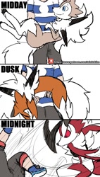 Size: 728x1280 | Tagged: safe, artist:winick-lim, dusk lycanroc, fictional species, lycanroc, mammal, midday lycanroc, midnight lycanroc, anthro, feral, nintendo, pokémon, 2019, ambiguous gender, angry, beat up, black nose, claws, clothes, comic, digital art, ears, faceless human, fluff, fur, hair, lifting, neck fluff, paws, pokémon trainer, sleeping, spikes, tail, unamused