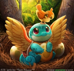 Size: 1080x1038 | Tagged: safe, artist:cryptid-creations, bird, fictional species, pidgey, squirtle, feral, nintendo, pokémon, 2022, ambiguous gender, ambiguous only, duo, duo ambiguous, egg, looking at each other, nest, pun, starter pokémon, visual pun
