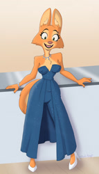 Size: 1300x2280 | Tagged: suggestive, artist:dazzlekong, diane foxington (the bad guys), canine, fox, mammal, anthro, dreamworks animation, the bad guys, 2022, breasts, clothes, detailed background, digital art, dress, ears, eyelashes, female, fur, high heels, leaning back, nipple outline, open mouth, piercing, pink nose, sharp teeth, shoes, solo, solo female, tail, teeth, thighs, tongue, vixen, wide hips