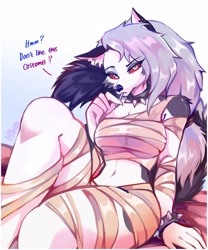 Size: 1707x2048 | Tagged: safe, artist:myoniis_, loona (vivzmind), canine, fictional species, hellhound, mammal, anthro, hazbin hotel, helluva boss, belly button, border, breasts, collar, colored sclera, dialogue, ear fluff, eyebrow through hair, eyebrows, eyelashes, female, fluff, gray hair, hair, lollipop, long hair, looking at you, mummy costume, red sclera, shoulder fluff, solo, solo female, spiked collar, spiked wristband, talking, white border, wraps, wristband