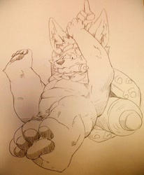 Size: 914x1110 | Tagged: safe, artist:geppei5959, oc, oc only, canine, mammal, anthro, 2014, 4 toes, fat, male, overweight, paw pads, paws, pencil drawing, raised leg, solo, solo male, traditional art