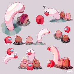 Size: 1500x1500 | Tagged: safe, artist:_zerudez, crewmate (among us), diglett, fictional species, wiglett, among us (game), nintendo, pokémon, spoiler:pokémon gen 9, spoiler:pokémon scarlet and violet, alolan diglett, ambiguous gender, ambiguous only, gray background, group, looking at each other, red body, red nose, riding, simple background, sitting, standing, white body
