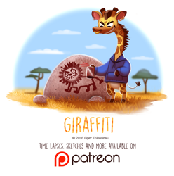 Size: 800x808 | Tagged: safe, artist:cryptid-creations, big cat, feline, giraffe, lion, mammal, feral, semi-anthro, 2d, ambiguous gender, graffiti, patreon, pun, rock, solo, solo ambiguous, visual pun