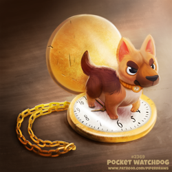 Size: 700x701 | Tagged: safe, artist:cryptid-creations, canine, dog, german shepherd, mammal, feral, 2d, ambiguous gender, angry, pocket watch, pun, solo, solo ambiguous, visual pun