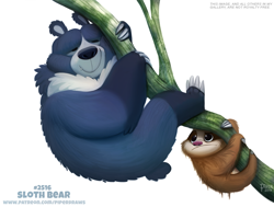 Size: 850x644 | Tagged: safe, artist:cryptid-creations, bear, mammal, sloth, sloth bear, feral, 2d, ambiguous gender, ambiguous only, annoyed, duo, duo ambiguous, eyes closed, plant, pun, simple background, tree, visual pun, white background