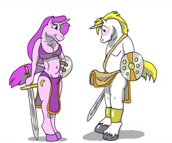 Size: 1280x1067 | Tagged: suggestive, artist:cr_wolf, equine, fictional species, mammal, pony, unicorn, anthro, blushing, breasts, cleavage, clothes, duo, embarrassed, erection, erection under clothes, female, loincloth, male, nudity, penis, shy