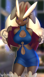 Size: 733x1280 | Tagged: safe, alternate version, artist:elinnayt, fictional species, lopunny, mammal, anthro, nintendo, pokémon, arm fluff, bedroom eyes, belly button, black sclera, breasts, clothes, colored sclera, detailed background, digital art, dress, ear fluff, ears, eyebrows, eyelashes, female, flashing, fluff, fur, leg fluff, looking at you, pink nose, solo, solo female, tail, thighs, wide hips