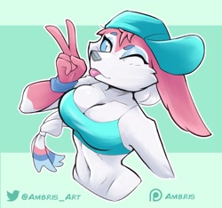 Size: 2325x2175 | Tagged: safe, alternate version, artist:ambris, eeveelution, fictional species, mammal, sylveon, anthro, nintendo, pokémon, 2022, belly button, blep, blue nose, blue sclera, breasts, cap, clothes, colored sclera, digital art, ears, eyelashes, fur, gesture, hair, hat, headwear, one eye closed, peace sign, pose, ribbons (body part), simple background, sports bra, thighs, tomboy, tongue, tongue out, topwear, wide hips