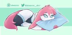 Size: 2925x1425 | Tagged: safe, alternate version, artist:ambris, eeveelution, fictional species, mammal, sylveon, anthro, nintendo, pokémon, 2022, blue sclera, clothes, colored sclera, digital art, ears, eyelashes, floppy ears, fur, hair, legwear, panties, pillow, pose, ribbons (body part), simple background, stockings, tail, thighs, underwear, wide hips