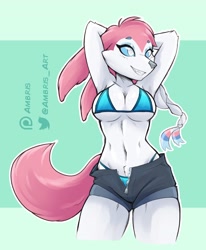 Size: 2100x2550 | Tagged: safe, alternate version, artist:ambris, eeveelution, fictional species, mammal, sylveon, anthro, nintendo, pokémon, 2022, absolute cleavage, anthrofied, armpits, arms behind head, belly button, big breasts, bikini, blue nose, blue sclera, bottomwear, breasts, cleavage, clothes, colored sclera, digital art, ears, eyelashes, fur, hair, high res, looking at you, midriff, pose, ribbons (body part), shorts, simple background, smiling, smiling at you, swimsuit, tail, thighs, wide hips
