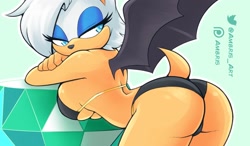 Size: 1800x1050 | Tagged: suggestive, alternate version, artist:ambris, rouge the bat (sonic), bat, mammal, anthro, sega, sonic the hedgehog (series), 2022, bat wings, bedroom eyes, belly button, bent over, bikini, black nose, breasts, clothes, digital art, ears, eyelashes, fur, hair, pose, presenting, rear view, sideboob, simple background, swimsuit, tail, thighs, webbed wings, wedgie, wide hips, wings