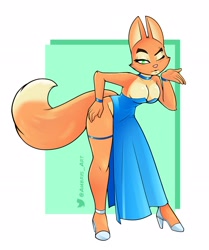 Size: 2325x2775 | Tagged: safe, artist:ambris, diane foxington (the bad guys), canine, fox, mammal, anthro, dreamworks animation, the bad guys, 2022, bedroom eyes, bent over, big breasts, border, breasts, choker, cleavage, clothes, digital art, dress, ears, eyelashes, female, fur, garter, high heels, legs, one eye closed, piercing, pink nose, pose, schrödinger's pantsu, seductive, sexy, shoes, side slit, simple background, solo, solo female, strapless, tail, thighs, total sideslit, vixen, white border, wide hips, winking