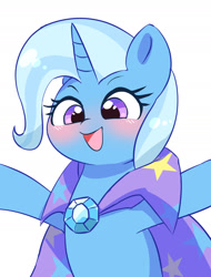 Size: 1626x2136 | Tagged: safe, artist:leo19969525, trixie (mlp), equine, fictional species, mammal, pony, unicorn, feral, friendship is magic, hasbro, my little pony, blush sticker, blushing, brooch, cape, clothes, cute, eyelashes, female, gem, hair, horn, jewelry, mane, mare, open mouth, open smile, purple eyes, simple background, smiling, solo, solo female, tongue, trixie's brooch, trixie's cape, white background