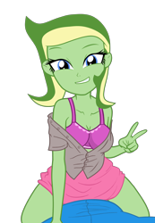 Size: 3455x5000 | Tagged: suggestive, artist:charliexe, artist:didgereethebrony, artist:grapefruitbases, oc, oc only, oc:boomerang beauty, human, mammal, trace, base used, bottomwear, bra, clothes, female, gesture, looking at you, offscreen character, peace sign, pov, simple background, skirt, solo, solo female, transparent background, underwear, undressing