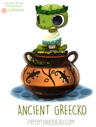 Size: 629x834 | Tagged: safe, artist:cryptid-creations, gecko, lizard, reptile, feral, 2d, ambiguous gender, laurel wreath, patreon, pun, simple background, smiling, solo, solo ambiguous, urn, visual pun, white background