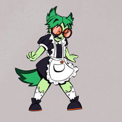 Size: 1280x1280 | Tagged: safe, artist:martacmx, dorky (teen-z), animal humanoid, canine, dog, fictional species, mammal, humanoid, teen-z, bow, bow tie, clothes, crossdressing, dress, ears, freckles, glasses, hair, maid outfit, male, one eye closed, round glasses, shocked, shoes, simple background, socks, solo, solo male, tail