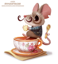 Size: 750x829 | Tagged: safe, artist:cryptid-creations, mammal, mouse, rodent, semi-anthro, 2d, drink, facial hair, male, moustache, murine, napkin, prehensile tail, pun, saucer, simple background, sitting, solo, solo male, spoon, tail, tea, teacup, visual pun, white background
