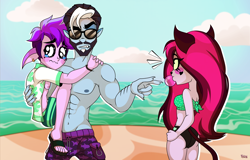 Size: 6236x3982 | Tagged: safe, artist:felux, luvboy (teen-z), pinky (teen-z), professor (teen-z), animal humanoid, cat, elf, feline, fictional species, mammal, undead, vampire, humanoid, teen-z, 2022, abs, beach, belly button, bikini, bottomwear, bubblegum, clothes, crying, ears, eyelashes, eyeshadow, fangs, female, glasses, group, hair, hand on hip, heart, holding, holding character, makeup, male, meme, muscles, nudity, ocean, partial nudity, piercing, pink hair, pointing, purple hair, sand, sharp teeth, shorts, sky, sunglasses, swimsuit, tail, teeth, topwear, trio, water