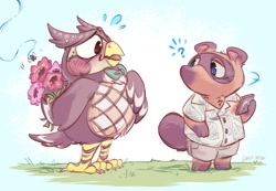 Size: 1248x864 | Tagged: safe, artist:skeleslime, blathers (animal crossing), tom nook (animal crossing), arthropod, bee, bird, bird of prey, canine, insect, mammal, owl, raccoon dog, semi-anthro, animal crossing, nintendo, 2d, blushing, bouquet, duo, duo male, flower, male, male/male, males only, plant, question mark