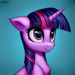 Size: 894x894 | Tagged: safe, artist:setharu, twilight sparkle (mlp), alicorn, equine, fictional species, mammal, pony, feral, friendship is magic, hasbro, my little pony, 2d, bust, chest fluff, cute, ear fluff, eye through hair, eyelashes, female, fluff, front view, fur, gradient background, hair, horn, mare, multicolored hair, multicolored mane, portrait, purple body, purple eyes, purple fur, signature, smiling, solo, solo female, three-quarter view, ungulate, wing fluff, wings