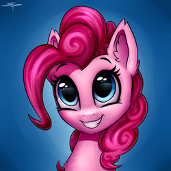 Size: 894x894 | Tagged: safe, artist:setharu, pinkie pie (mlp), earth pony, equine, fictional species, mammal, pony, feral, friendship is magic, hasbro, my little pony, 2d, blue eyes, bust, chest fluff, cute, ear fluff, eyelashes, female, fluff, front view, fur, gradient background, grin, hair, magenta hair, magenta mane, mane, mare, pink body, pink fur, portrait, signature, solo, solo female, three-quarter view